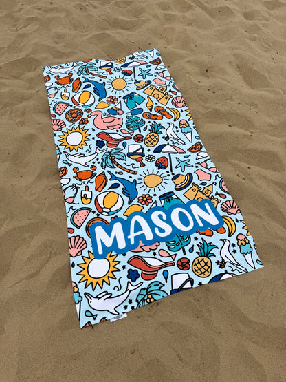 Beach Doodles Blue Towel